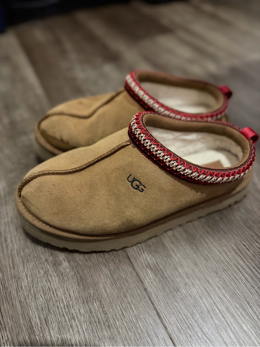 UGG Kids Suede Slip-On Clog in Chestnut with Red Trim